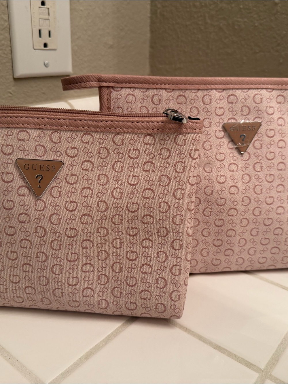 GUESS Pink Monogram Cosmetic Travel Pouch Duo